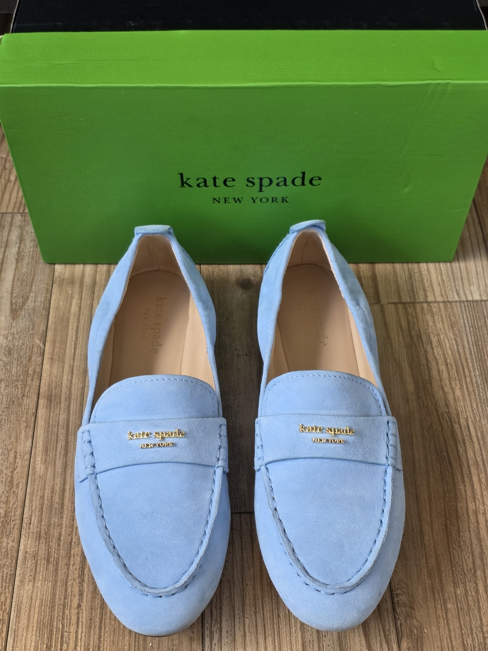 kate spade Light Blue Suede Penny Loafers with Gold Logo